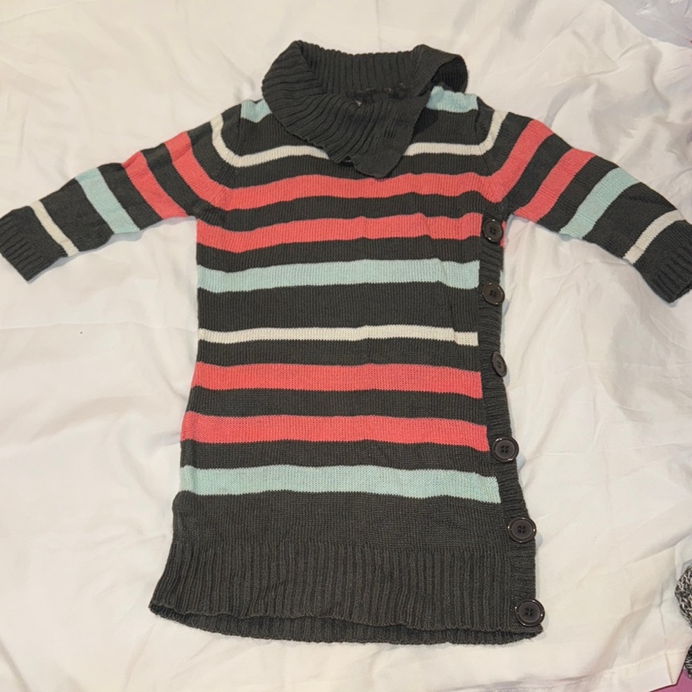 Bobbie Brooks Kids Sweater Dress - Coral, Gray, and Light Blue Stripes